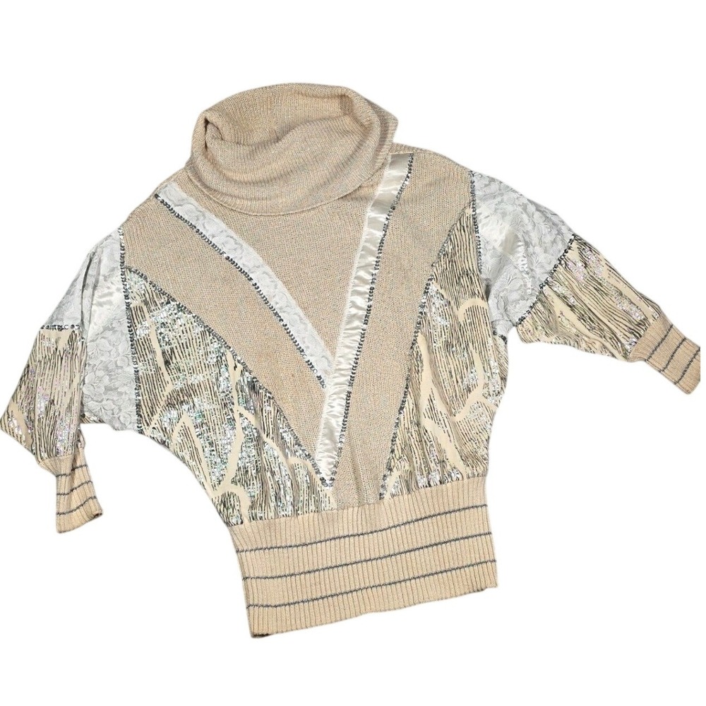 Bonnie Boerer Knit Sweater Beige Metallic Sequin Lace Batwing 80s Vintage Medium